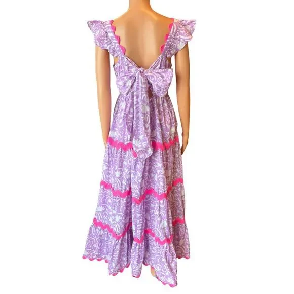 Pink City Prints Xanthe Dress Medium NWT Lilac Begonia Print Ruffle Rickrack - Picture 8 of 10